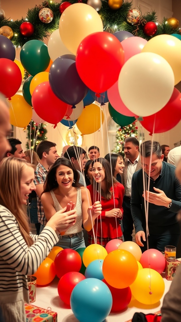 Guests enjoying Christmas balloon games at a festive party with colorful decorations.